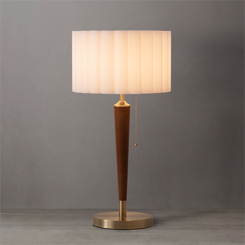 Scalloped Table Lamp - Walnut Weathered Brass White Linen On/Off Pull Chain