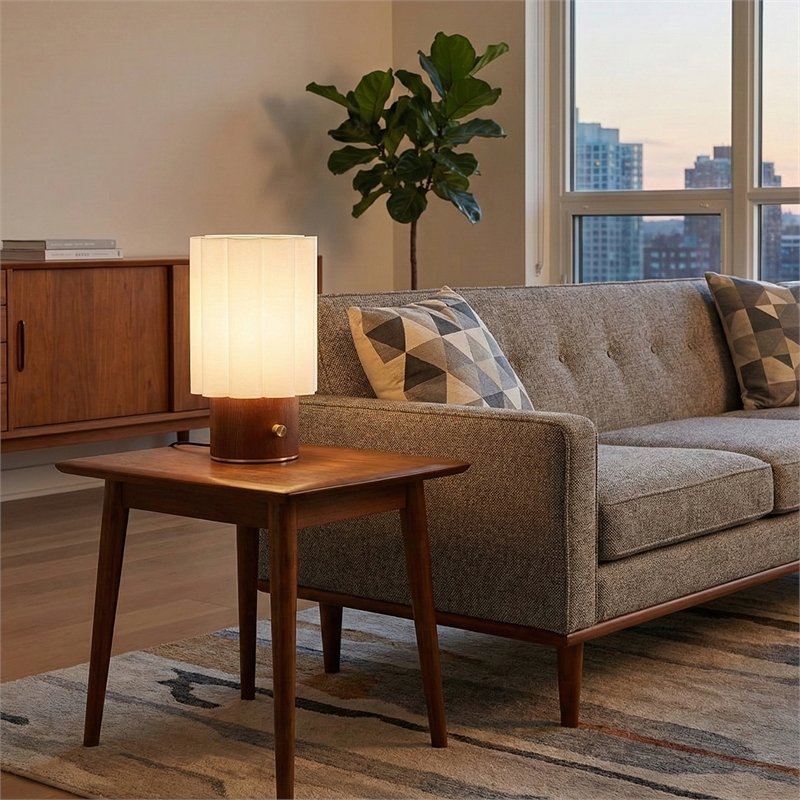 Scalloped Accent Table Lamp - Walnut Brass White Linen Diffuser Dimmer