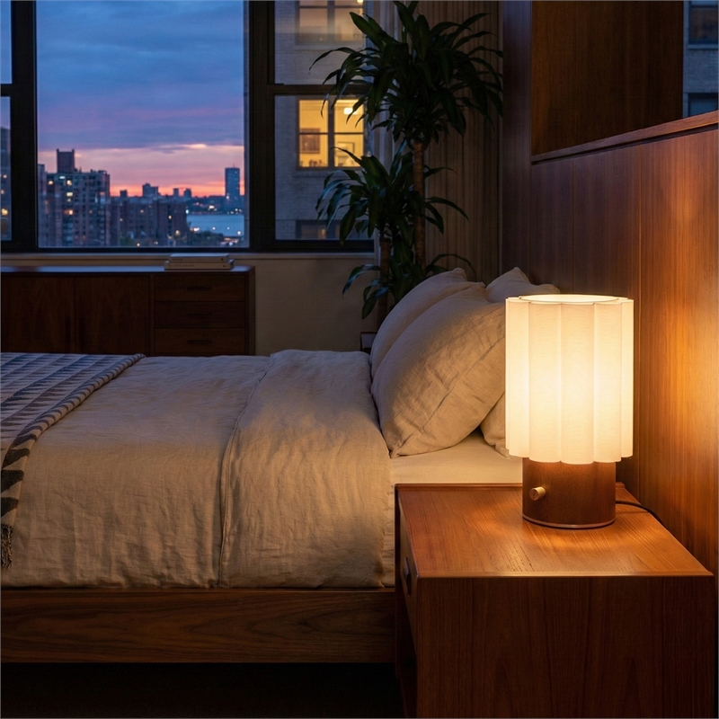 Scalloped Accent Table Lamp - Walnut Brass White Linen Diffuser Dimmer