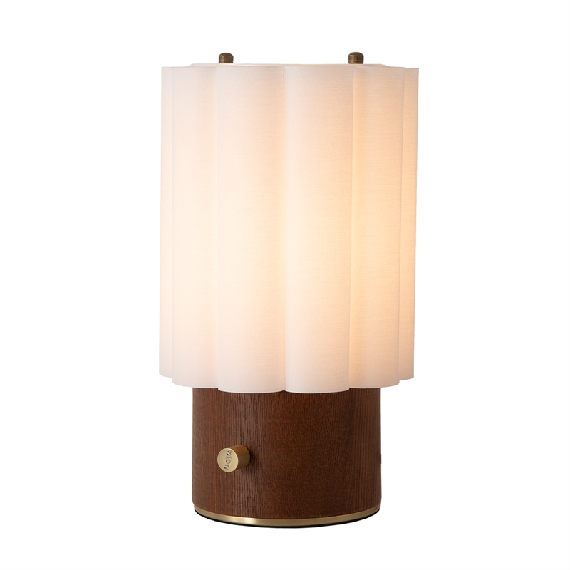 Scalloped Accent Table Lamp - Walnut Brass White Linen Diffuser Dimmer
