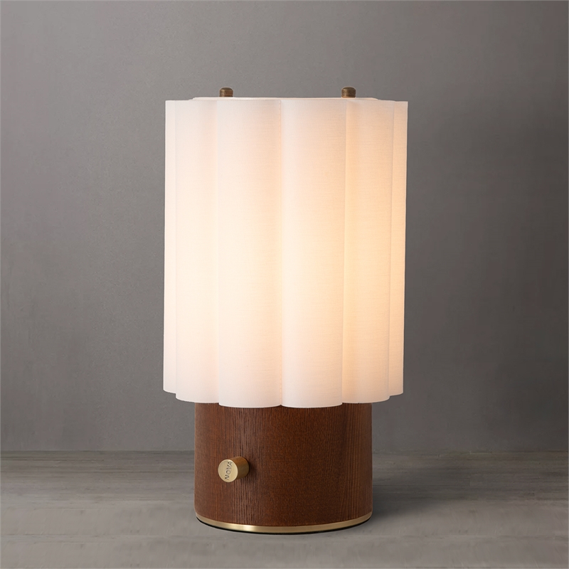 Scalloped Accent Table Lamp - Walnut Brass White Linen Diffuser Dimmer