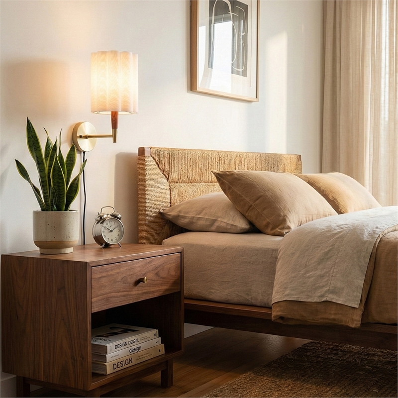 Scalloped Wall Sconce in Walnut and Weathered Brass with White Linen Diffuser