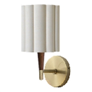 Scalloped Wall Sconce in Walnut and Weathered Brass with White Linen Diffuser