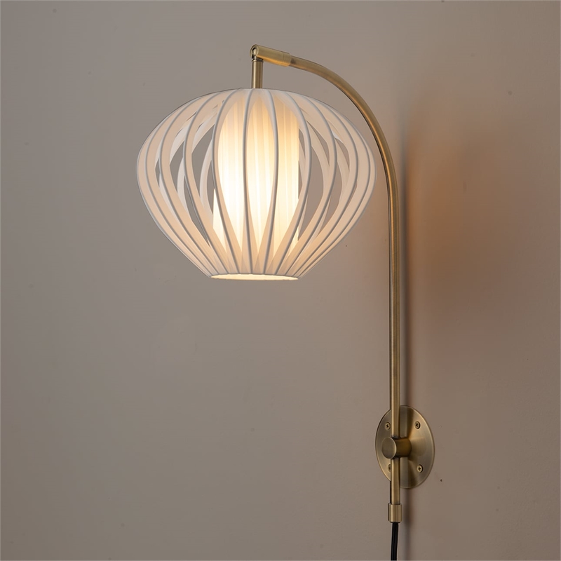 Bloom Plug-in Wall Sconce in Weathered Brass with White Satin Shade