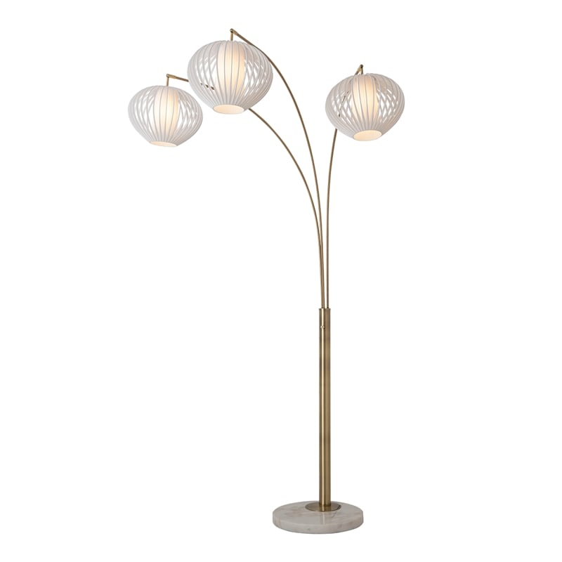 Bloom 3-Light Arc Floor Lamp in Weathered Brass/White Satin Shade/Marble Base
