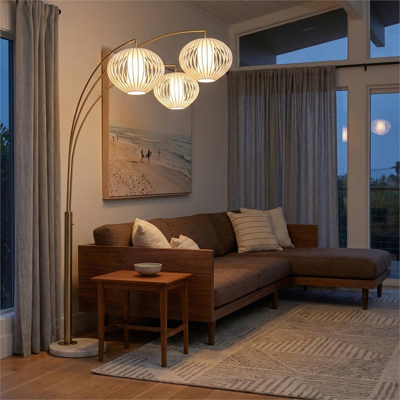 Bloom 3-Light Arc Floor Lamp in Weathered Brass/White Satin Shade/Marble Base