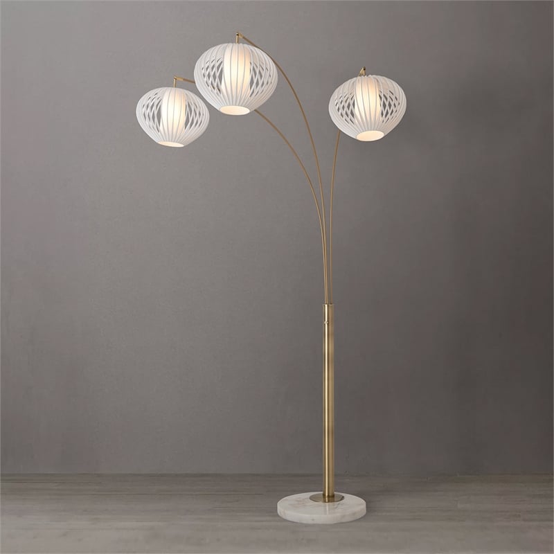 Bloom 3-Light Arc Floor Lamp in Weathered Brass/White Satin Shade/Marble Base