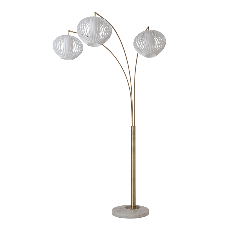Bloom 3-Light Arc Floor Lamp in Weathered Brass/White Satin Shade/Marble Base