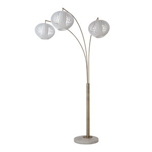 Bloom 3-Light Arc Floor Lamp in Weathered Brass/White Satin Shade/Marble Base