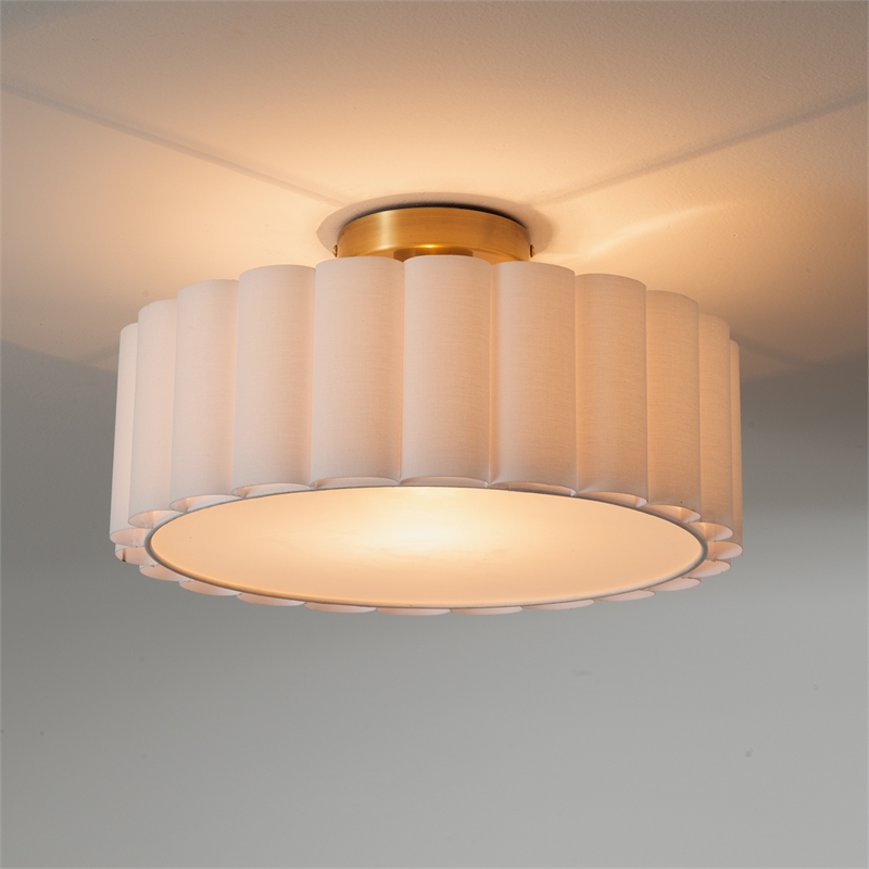 Scalloped Flush Mount Lamp in Weathered Brass with White Linen Shade