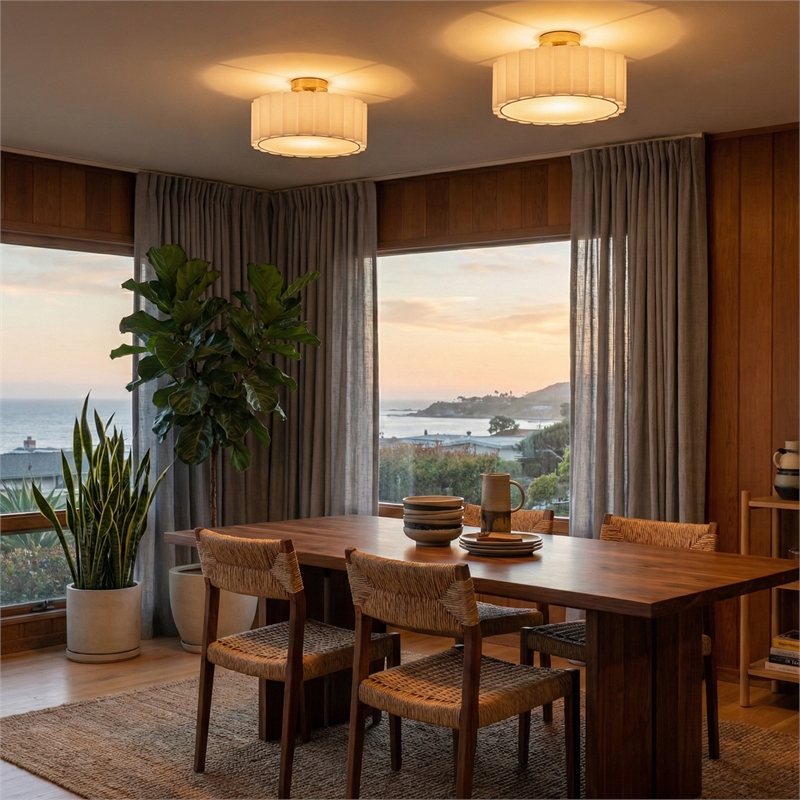 Scalloped Flush Mount Lamp in Weathered Brass with White Linen Shade