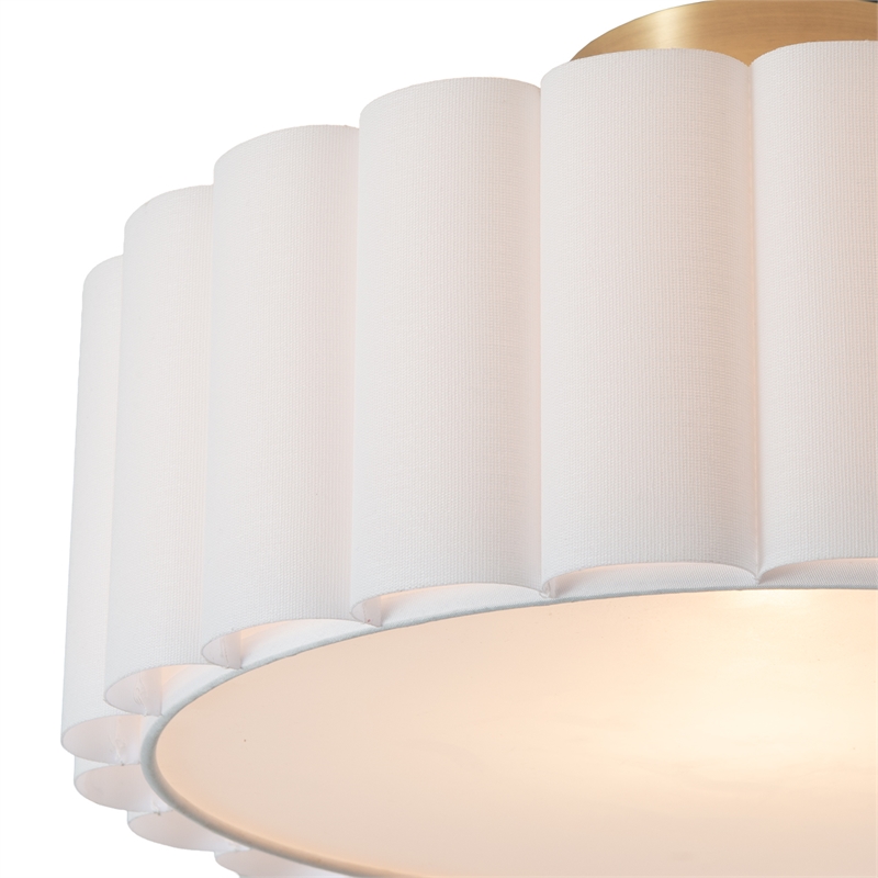 Scalloped Flush Mount Lamp in Weathered Brass with White Linen Shade