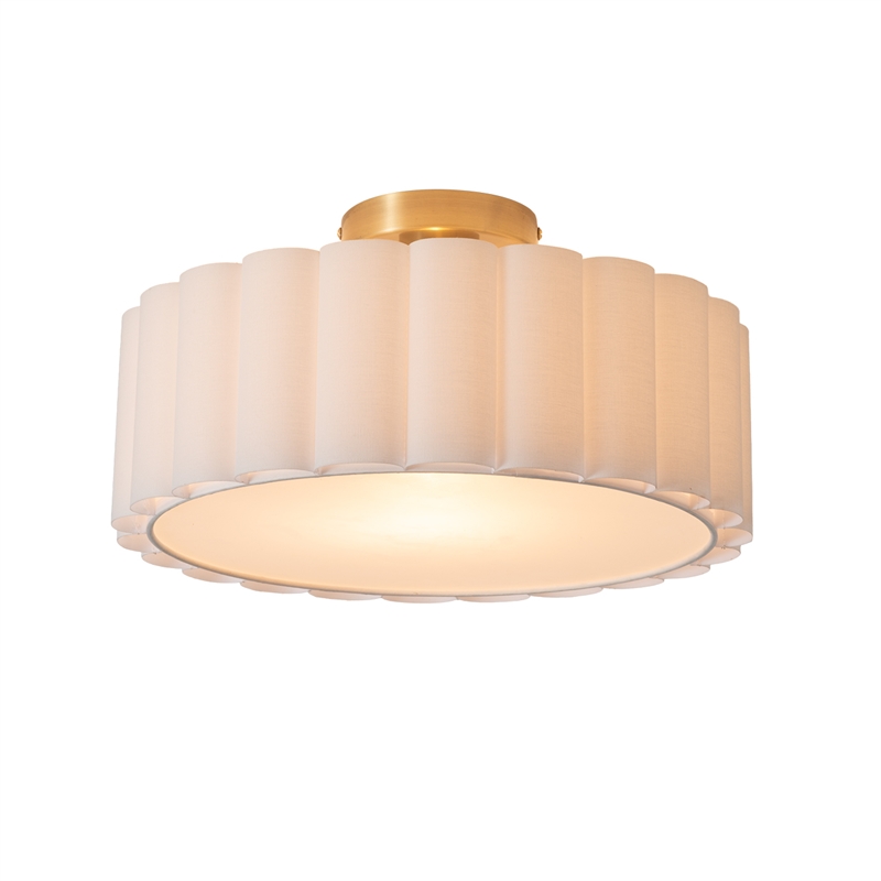Scalloped Flush Mount Lamp in Weathered Brass with White Linen Shade
