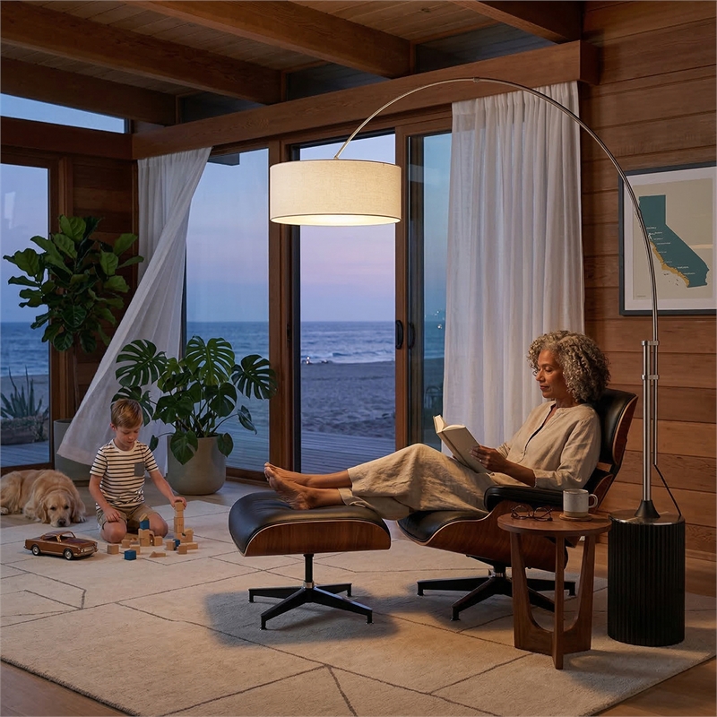 Tambo Arc Floor Lamp in Black Oak and Satin Nickel Tambour Base with Linen Shade
