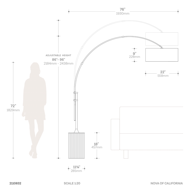 Tambo Arc Floor Lamp in Black Oak and Satin Nickel Tambour Base with Linen Shade