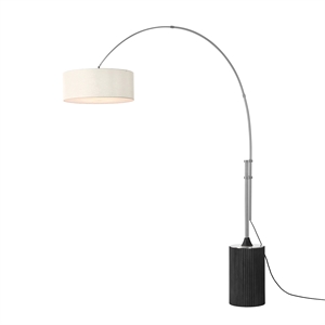 Tambo Arc Floor Lamp in Black Oak and Satin Nickel Tambour Base with Linen Shade