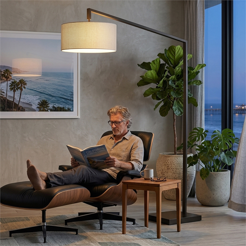 Stretch Chairside Arc Floor Lamp - Cashmere Gray Shade Black Body and Base