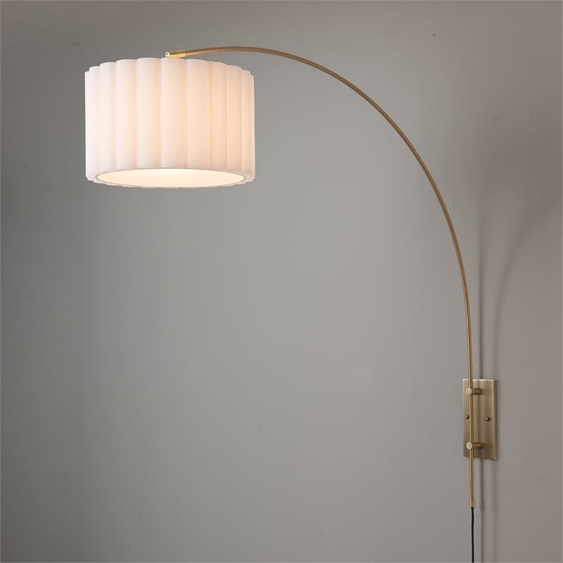 Scalloped Wall Arc Lamp - Weathered Brass  White Linen  Diffuser