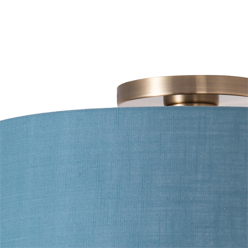 Stretch Flush Mount  Pool Blue Linen Drum Shade Weathered Brass