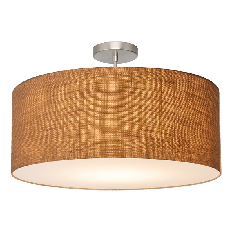 Stretch Semi Flush Mount Burlap Shade Satin Nickel