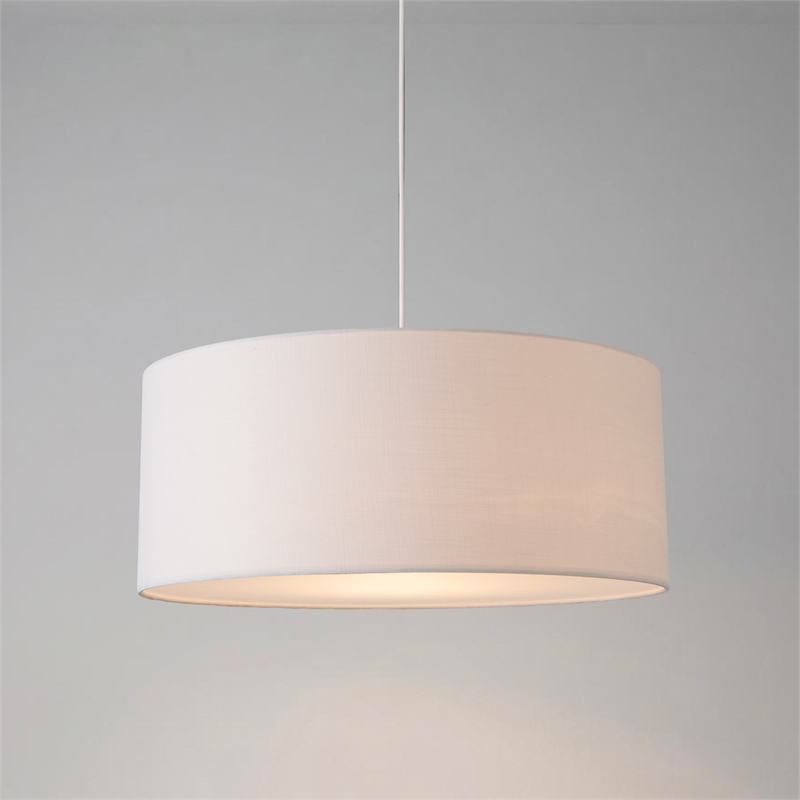 Stretch Pendant - Satin Nickel White Linen Drum Shade Dimmable Bulb Included