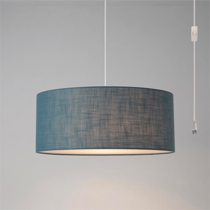 Stretch Swag Lamp Pool Blue Linen Drum Shade Satin Nickel