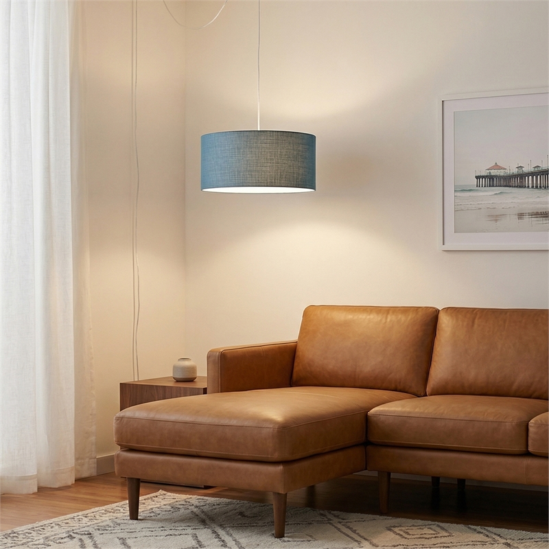 Stretch Swag Lamp Pool Blue Linen Drum Shade Satin Nickel