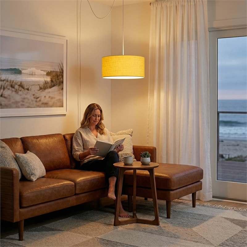Stretch Swag Lamp Mustard Linen Drum Shade Satin Nickel