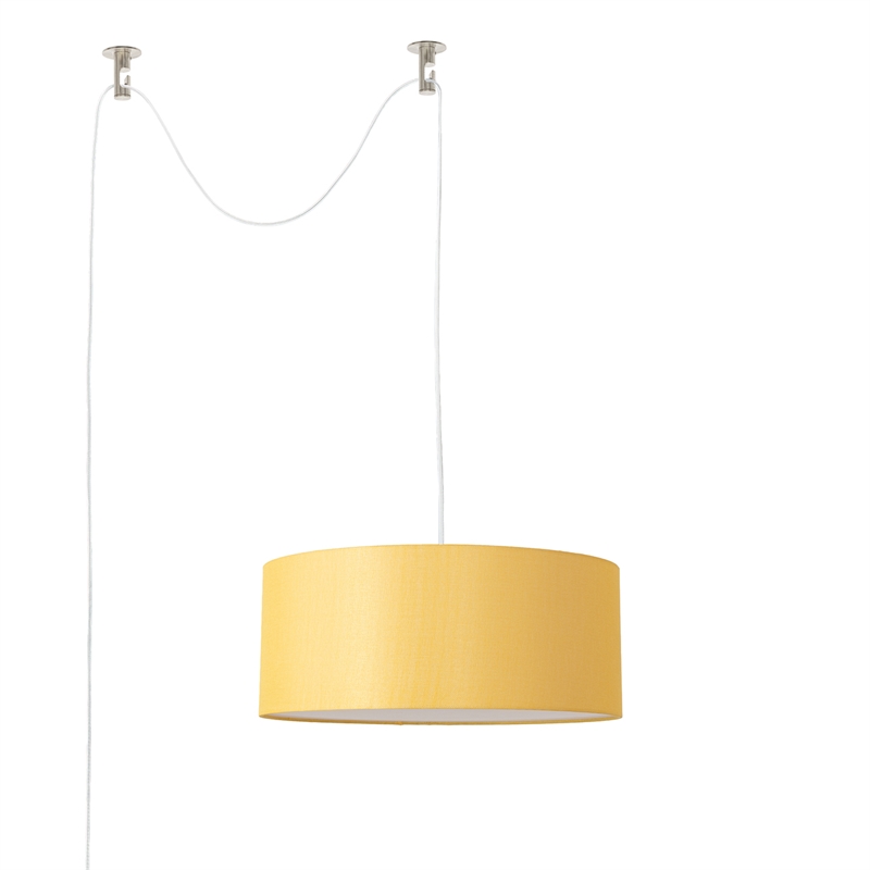 Stretch Swag Lamp Mustard Linen Drum Shade Satin Nickel