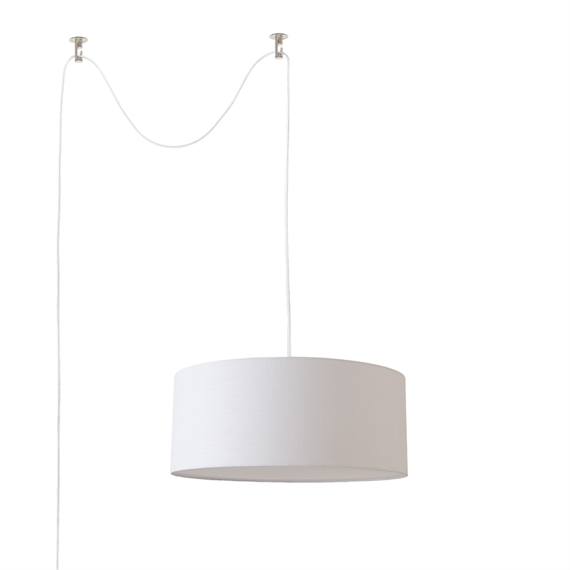 Stretch Swag Lamp White Linen Drum Shade Satin Nickel