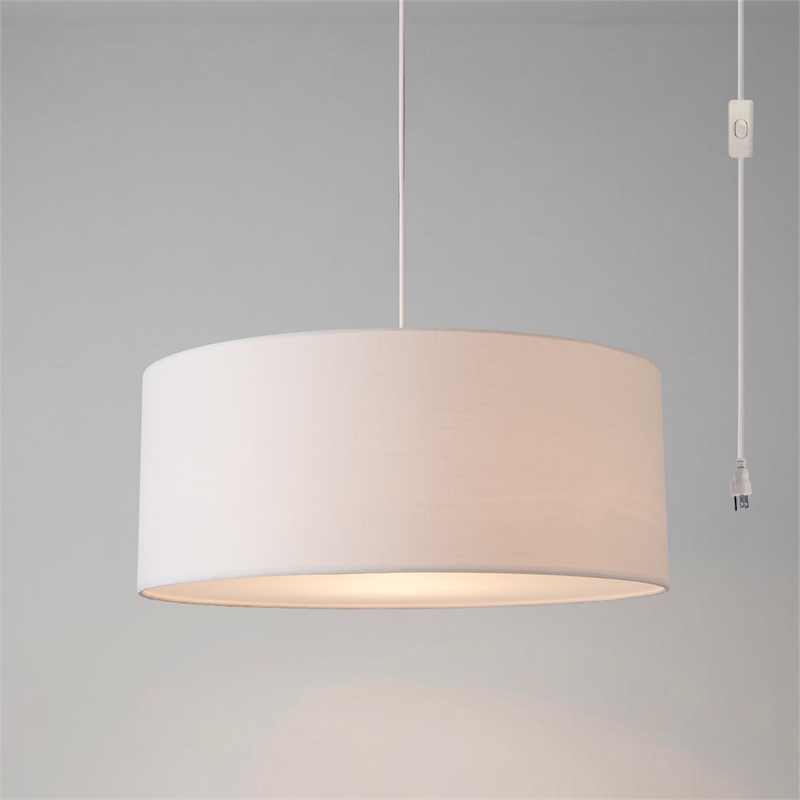 Stretch Swag Lamp White Linen Drum Shade Satin Nickel