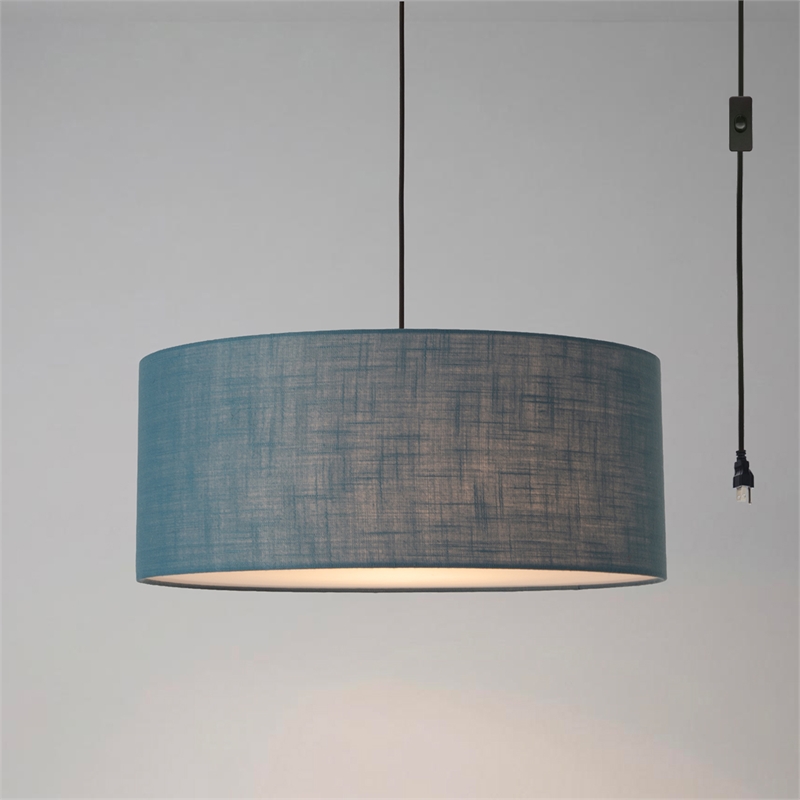 Stretch Swag Lamp  Pool Blue Linen Drum Shade Weathered Brass