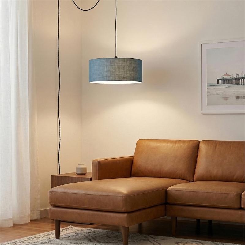 Stretch Swag Lamp  Pool Blue Linen Drum Shade Weathered Brass