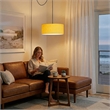 Stretch Swag Lamp Mustard Linen Drum Shade Weathered Brass
