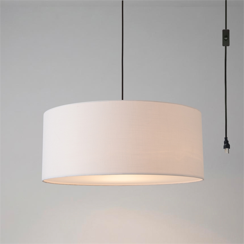 Stretch Swag Lamp White Linen Drum Shade Weathered Brass