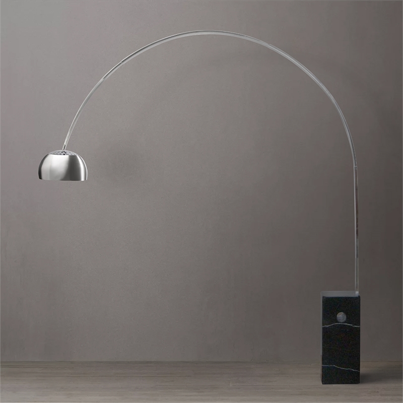 Iconic Arched LED Floor Lamp Black Marble Block Base Satin Nickel
