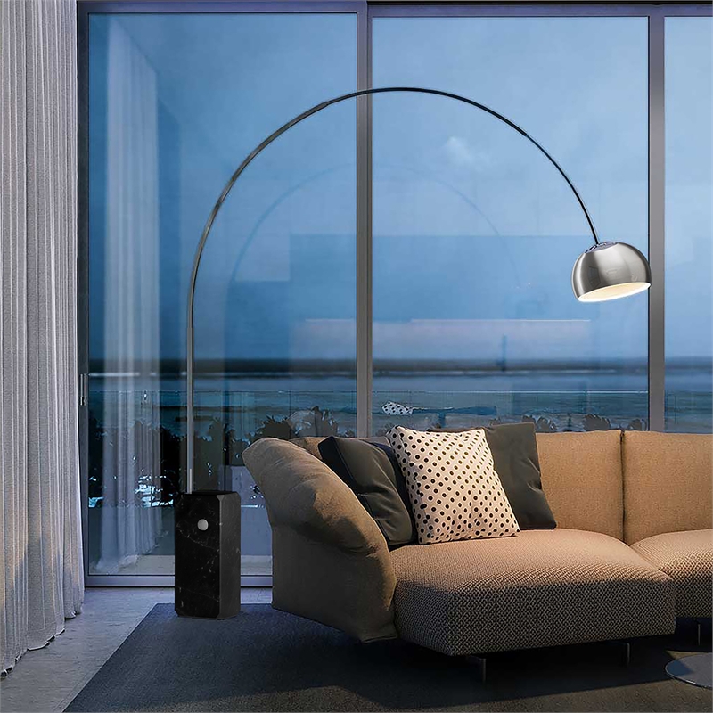 Iconic Arched LED Floor Lamp Black Marble Block Base Satin Nickel