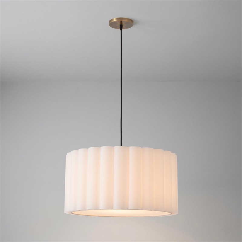 Scallop Pendant - Weathered Brass Steel Drum White Linen Shade