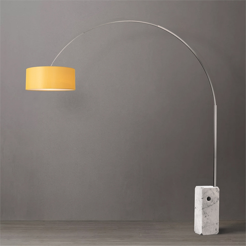 Iconic Arc Lamp - Satin Nickel Steel Black Marble Base Drum Mustard Linen Shade