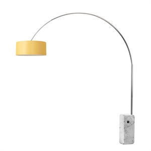 Iconic Arc Lamp - Satin Nickel Steel Black Marble Base Drum Mustard Linen Shade