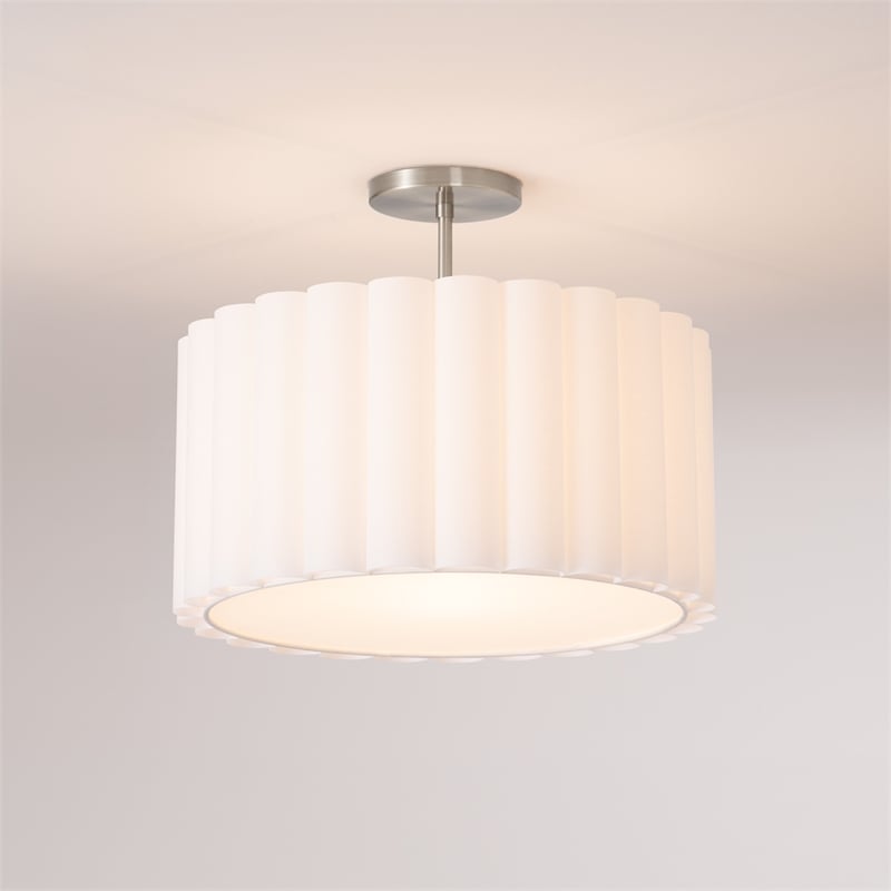 Semi Flush Mount White Scallop Linen Medium Shade Satin Nickel