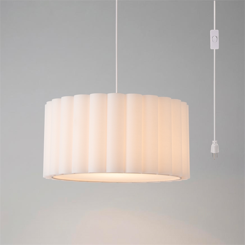 Scallop Swag Lamp - Satin Nickel Steel Drum White Linen Shade Dimmable Bulb Included