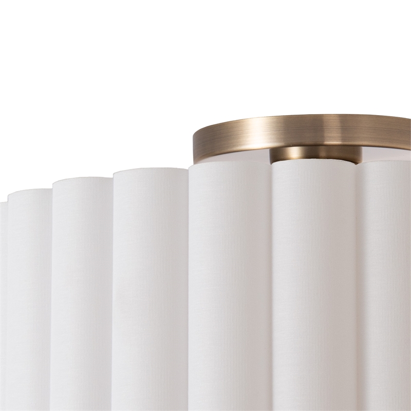 Scallop Flush Mount - Weathered Brass Drum White Linen Shade Dimmable
