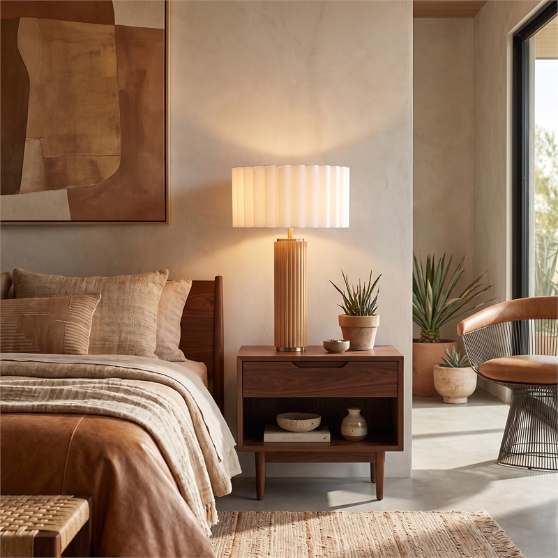 Tambo Table Lamp Scallop White Shade Weathered Brass Natural Ash