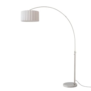 92&quot Arc Lamp - Satin Nickel Steel White Marble Base Scallop White Linen Shade