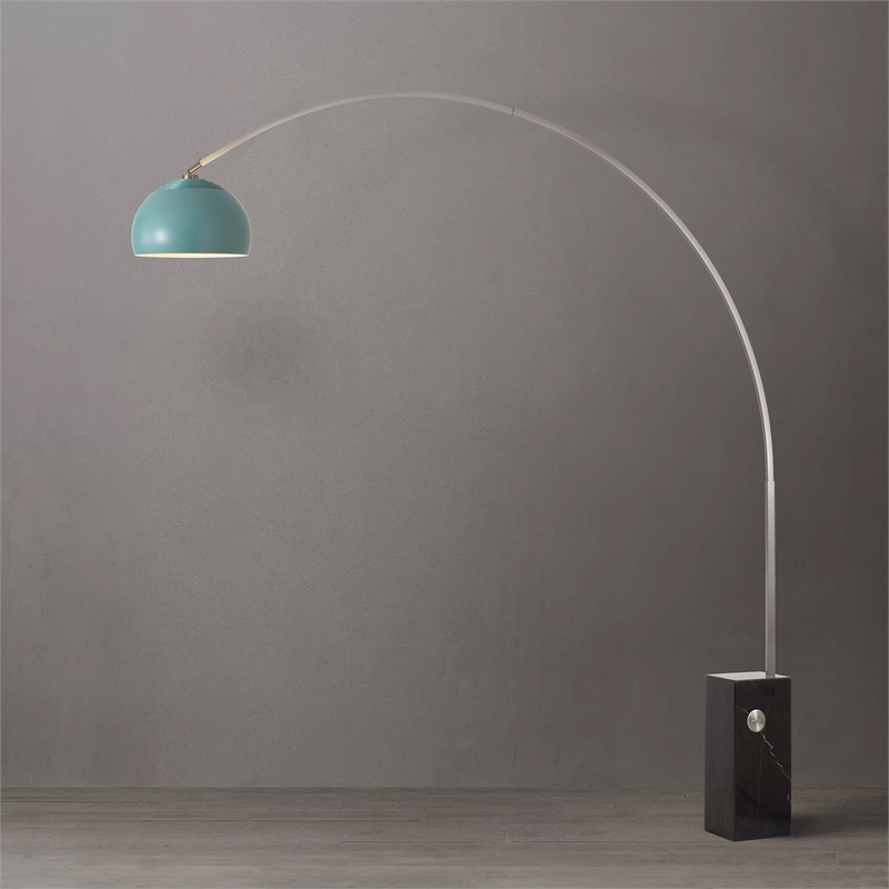 Iconic Arc Lamp - Satin Nickel Black Marble Base Half Dome Pool Blue Shade