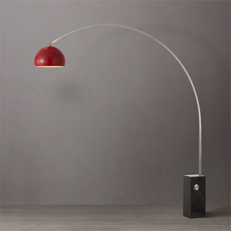 Iconic Arc Lamp - Satin Nickel  Black Marble Base Half Dome Crimson Red Shade