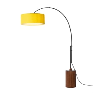 Tambo 92&quot Arc Lamp - Black Nickel Dark Walnut Wood Base Drum Mustard Linen Shade