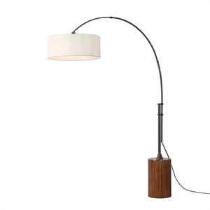 Tambo 92&quot Arc Lamp - Black Nickel Dark Walnut Wood Base Drum White Linen Shade