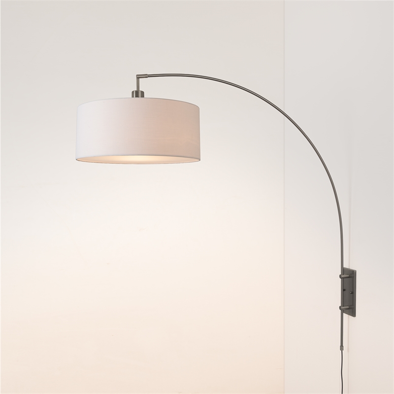 Span Wall Mounted Arc Lamp Black Nickel White Fabric Shade Dimmable